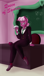 Size: 1100x1900 | Tagged: safe, alternate version, artist:sixes&sevens, imported from derpibooru, cheerilee, anthro, earth pony, apple, chalkboard, clothes, desk, explicit source, food, jubilance, male, minor arcana, necktie, queen of swords, rapier, rule 63, shoes, sitting, solo, suit, sword, tarot card, weapon