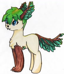 Size: 3765x4343 | Tagged: safe, artist:backgroundpony#f352, derpibooru exclusive, imported from derpibooru, oc, oc only, oc:daisy_green, original species, pony, timber pony, timber wolf, claws, eyes open, fangs, female, green mane, leaves, mare, marker drawing, simple background, solo, traditional art, white background