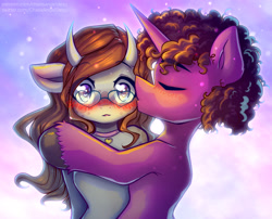 Size: 4338x3508 | Tagged: safe, artist:chaosangeldesu, imported from derpibooru, oc, oc only, oc:jimmy chap, oc:raven eve'hart, pony, unicorn, blushing, commission, couple, cute, glasses, holiday, hug, valentine's day