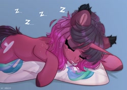 Size: 2496x1781 | Tagged: safe, artist:shelti, imported from derpibooru, princess celestia, oc, oc only, unicorn, blue background, body pillow, commission, drool, ear fluff, eyes closed, female, horn, lying down, mare, onomatopoeia, prone, simple background, sleeping, sound effects, zzz