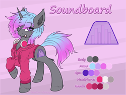 Size: 6000x4500 | Tagged: safe, artist:shad0w-galaxy, imported from derpibooru, oc, oc only, oc:soundboard, pony, unicorn, absurd resolution, clothes, color palette, commission, cutie mark, ear fluff, female, gradient mane, headphones, hoodie, hooves, looking at you, mare, open mouth, reference sheet, simple background, smiling, unshorn fetlocks, watermark