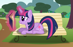 Size: 906x585 | Tagged: safe, artist:mattbas, imported from derpibooru, twilight sparkle, alicorn, pony, bench, book, female, glowing, glowing horn, horn, levitation, lying down, magic, mare, prone, reading, smiling, solo, svg, telekinesis, twilight sparkle (alicorn), vector