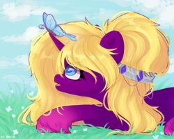 Size: 2500x2000 | Tagged: safe, artist:shelti, imported from derpibooru, oc, oc only, butterfly, pony, unicorn, cloud, colored pupils, daytime, female, gradient hooves, hairband, horn, looking up, lying down, mare, open mouth, outdoors, prone, sky, solo, unshorn fetlocks