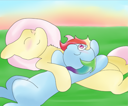 Size: 1113x928 | Tagged: safe, artist:fluttersdoodles, imported from derpibooru, fluttershy, rainbow dash, blushing, eyes closed, female, flutterdash, lesbian, nap, shipping, snuggling