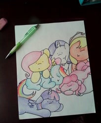 Size: 1051x1280 | Tagged: safe, artist:fluttersdoodles, imported from derpibooru, applejack, fluttershy, pinkie pie, rainbow dash, rarity, twilight sparkle, :t, female, lying down, pencil drawing, traditional art