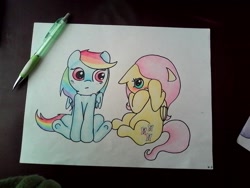 Size: 1280x960 | Tagged: safe, artist:fluttersdoodles, imported from derpibooru, fluttershy, rainbow dash, blushing, eye contact, female, flutterdash, lesbian, looking at each other, looking at someone, pencil drawing, shipping, shy, sitting, traditional art