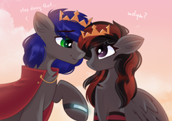 Size: 3508x2480 | Tagged: safe, artist:janelearts, imported from derpibooru, oc, oc:mb midnight breeze, oc:se solar eclipse, pegasus, adorable face, cape, clothes, couple, crown, cute, jewelry, king and queen, love, pegasus oc, playful, regalia, true love, watch, wristwatch