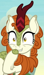 Size: 613x1053 | Tagged: safe, imported from derpibooru, screencap, autumn blaze, kirin, season 8, sounds of silence, spoiler:s08, biting, cloven hooves, cropped, female, hoof biting, smiling, solo