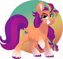 Size: 3860x3585 | Tagged: safe, artist:fizzlefer, imported from derpibooru, sunny starscout, earth pony, pony, coat markings, confident, female, g5, gradient background, grin, looking at you, mare, raised hoof, smiling, smiling at you, socks (coat markings), solo, unshorn fetlocks