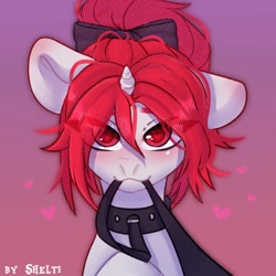 Size: 1000x1000 | Tagged: safe, artist:shelti, imported from derpibooru, oc, oc only, pony, unicorn, blushing, bow, bust, collar, colored pupils, commission, female, gradient background, heart, horn, leash, looking at you, mare, mouth hold, offscreen character, pov, sitting