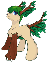 Size: 1868x2424 | Tagged: safe, artist:backgroundpony#f352, derpibooru exclusive, imported from derpibooru, oc, oc only, oc:daisy green, original species, pony, timber pony, timber wolf, claws, digital art, eyes open, fangs, female, leaves, looking up, mare, paws, signature, simple background, solo, transparent background
