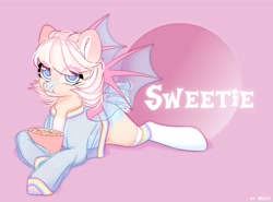 Size: 2700x2000 | Tagged: safe, artist:shelti, imported from derpibooru, oc, oc only, oc:sweetie, bat pony, pony, bat wings, bowl, clothes, colored pupils, eating, female, food, jacket, looking at you, lying down, mare, prone, socks, solo, spread wings, unshorn fetlocks, varsity jacket, wings