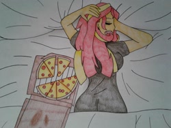 Size: 2048x1536 | Tagged: safe, artist:c_w, imported from derpibooru, sunset shimmer, human, equestria girls, female, food, pizza, sleeping, solo, traditional art