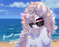 Size: 2500x2000 | Tagged: safe, artist:shelti, imported from derpibooru, oc, oc only, pony, unicorn, beach, cloud, colored pupils, daytime, glowing, glowing horn, horn, lidded eyes, looking at you, ocean, outdoors, sky, smiling, smirk, solo, standing, sunglasses, text, water