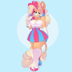 Size: 3400x3400 | Tagged: safe, artist:fizzlefer, imported from derpibooru, oc, oc only, anthro, unguligrade anthro, unicorn, clothes, gradient background, shirt, skirt, solo