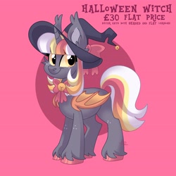 Size: 4096x4096 | Tagged: safe, artist:fizzlefer, imported from derpibooru, oc, oc only, alicorn, bat pony, bat pony alicorn, pony, adoptable, bat wings, gradient background, hat, horn, solo, wings, witch hat