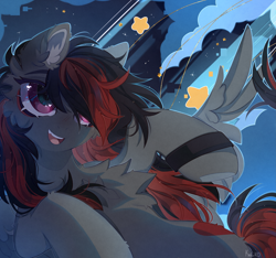 Size: 3203x3000 | Tagged: safe, artist:kefirro7, imported from derpibooru, oc, oc only, oc:se solar eclipse, pegasus, chest fluff, cute, flying, night, night sky, pegasus oc, shooting star, sky, smiling, solo, spread wings, watch, wings, wristwatch