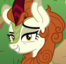 Size: 379x370 | Tagged: safe, imported from derpibooru, screencap, autumn blaze, kirin, season 8, sounds of silence, spoiler:s08, a kirin tale, cropped, eyebrows, female, grin, lidded eyes, looking at you, raised eyebrow, smiling, smug, solo