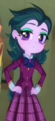 Size: 384x832 | Tagged: safe, artist:rainbowstarcolour262, imported from derpibooru, screencap, zephyr, human, equestria girls, friendship games, ai content, ai generated, bowtie, clothes, eyeshadow, female, generator:pinegraph, makeup, plaid skirt, pleated skirt, school uniform, shirt, skirt, solo