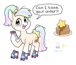 Size: 800x680 | Tagged: safe, artist:fizzlefer, imported from derpibooru, oc, oc only, earth pony, pony, food, pancakes, reference sheet, roller skates, simple background, skates, solo, speech bubble, white background