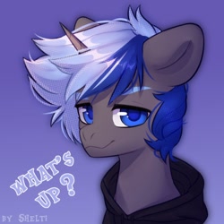 Size: 1000x1000 | Tagged: safe, artist:shelti, imported from derpibooru, oc, oc only, pony, unicorn, bust, clothes, colored pupils, commission, dialogue, gradient background, hoodie, horn, looking at you, male, sitting, smiling, solo, stallion, text