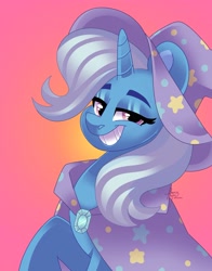 Size: 2799x3577 | Tagged: safe, artist:fizzlefer, imported from derpibooru, trixie, pony, unicorn, cape, clothes, female, gradient background, grin, hat, mare, smiling, solo, trixie's cape, trixie's hat