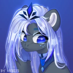 Size: 1000x1000 | Tagged: safe, artist:shelti, imported from derpibooru, oc, oc only, earth pony, pony, bust, colored hooves, commission, female, frown, gradient background, jewelry, makeup, mare, necklace, raised hoof, sitting, solo, tiara, underhoof