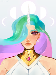 Size: 2111x2836 | Tagged: safe, artist:0ponchik0, imported from derpibooru, princess celestia, human, bust, digital painting, female, hair over one eye, horn, horned humanization, humanized, portrait, simple background, solo, white background