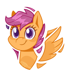 Size: 812x919 | Tagged: safe, artist:imaplatypus, imported from derpibooru, scootaloo, pegasus, pony, bust, female, filly, foal, portrait, signature, simple background, smiling, solo, spread wings, white background, wings