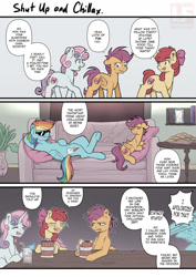 Size: 1024x1445 | Tagged: safe, artist:redheadfly, imported from derpibooru, apple bloom, rainbow dash, scootaloo, sweetie belle, pegasus, pony, unicorn, chillaxing, couch, cutie mark crusaders, older, older apple bloom, older scootaloo, older sweetie belle, sunglasses