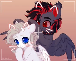 Size: 2500x2000 | Tagged: safe, artist:shelti, imported from derpibooru, oc, oc only, pegasus, pony, bust, cat ears, choker, colored pupils, colored sclera, duo, duo male and female, ear fluff, female, filter, gradient background, horns, male, mare, partially open wings, phone screen, raised hoof, smiling, spiked choker, stallion, underhoof, whiskers, wings