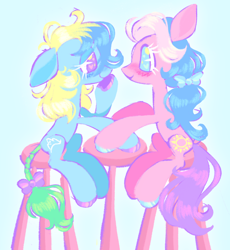 Size: 1280x1393 | Tagged: safe, artist:webkinzworldz, imported from derpibooru, earth pony, pony, beach pony, blushing, countryside pony, couple, duo, female, g2, lesbian, looking at each other, looking at someone, shipping, simple background