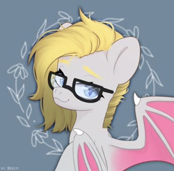 Size: 2044x2000 | Tagged: safe, artist:shelti, imported from derpibooru, oc, oc only, bat pony, pony, bat wings, bust, colored pupils, female, glasses, gray background, looking at you, looking back, looking back at you, mare, simple background, slit pupils, smiling, solo, spread wings, wings