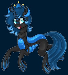 Size: 1275x1391 | Tagged: safe, artist:missbramblemele, imported from derpibooru, oc, oc:sinari, changeling, changeling queen, blue changeling, facial markings, fangs, simple background, smiling, solo