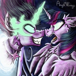 Size: 1024x1024 | Tagged: safe, artist:angelwingsmlpfim, imported from derpibooru, sci-twi, twilight sparkle, alicorn, pony, equestria girls, boop, duo, equestria girls ponified, evil grin, female, grin, mare, midnight sparkle, mirror, mirror portal, noseboop, ponified, signature, smiling, twilight sparkle (alicorn)