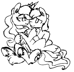Size: 626x612 | Tagged: safe, artist:artflicker, imported from derpibooru, pipsqueak, princess luna, alicorn, earth pony, pony, black and white, boop, cuddling, female, grayscale, looking at each other, looking at someone, looking into each others eyes, lunapip, male, monochrome, noseboop, older, older pipsqueak, shipping, simple background, straight, underhoof, white background