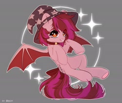 Size: 2356x1984 | Tagged: safe, artist:shelti, imported from derpibooru, oc, oc only, bat pony, pony, bat wings, bow, choker, colored pupils, commission, female, flying, gray background, hat, mare, simple background, solo, spread wings, tail, tail bow, underhoof, wings, witch hat