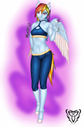 Size: 3000x4500 | Tagged: safe, alternate version, artist:wraith148, imported from derpibooru, rainbow dash, anthro, unguligrade anthro, clothes, colored wings, colored wingtips, female, flower, leggings, purple background, signature, simple background, solo, sport bra, violet (flower), wings, workout outfit