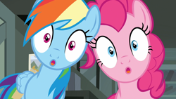 Size: 1920x1080 | Tagged: safe, imported from derpibooru, screencap, pinkie pie, rainbow dash, earth pony, pegasus, pony, daring done?, :o, a.k. yearling's cottage, close-up, duo, duo female, female, looking at you, mare, open mouth