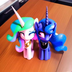 Size: 3072x3072 | Tagged: safe, imported from derpibooru, princess celestia, princess luna, alicorn, pony, ai content, ai generated, cute, cutelestia, duo, female, figurine, generator:purplesmart.ai, generator:stable diffusion, jewelry, lunabetes, photo, regalia, toy