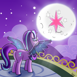 Size: 1280x1280 | Tagged: safe, artist:kirdim4ik, imported from derpibooru, starlight glimmer, alicorn, pony, alicornified, artificial wings, augmented, female, magic, magic wings, moon, race swap, sad, solo, starlicorn, wings, xk-class end-of-the-world scenario