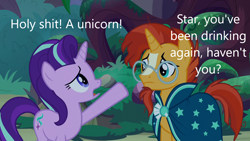 Size: 1280x720 | Tagged: safe, edit, edited screencap, imported from derpibooru, screencap, starlight glimmer, sunburst, pony, unicorn, a matter of principals, caption, drunk, female, image macro, male, mare, stallion, text