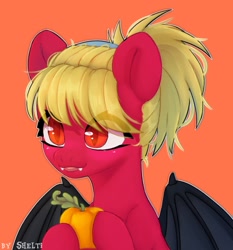 Size: 1920x2064 | Tagged: safe, artist:shelti, imported from derpibooru, oc, oc only, bat pony, pony, bat wings, bust, colored pupils, commission, fangs, female, fruit, headband, hoof hold, mare, orange background, partially open wings, ponytail, simple background, slit pupils, solo, wings