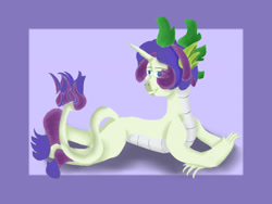 Size: 2000x1500 | Tagged: safe, artist:sh4deshad0w41, imported from derpibooru, oc, oc only, dracony, dragon, hybrid, unicorn, adoptable, horn, interspecies offspring, lying down, male, offspring, parent:rarity, parent:spike, parents:sparity, prone, smiling, solo