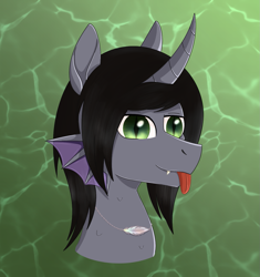 Size: 1209x1284 | Tagged: safe, artist:dyonys, imported from derpibooru, half-siren, hybrid, pony, :p, abstract background, bust, commission, curved horn, fangs, fins, grin, horn, kellin quinn, looking at you, male, ponified, scales, sleeping with sirens, slit pupils, smiling, solo, tongue out