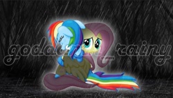 Size: 703x400 | Tagged: safe, artist:goddamn_rainy, imported from derpibooru, fluttershy, rainbow dash, crying, female, flutterdash, hug, lesbian, rain, sad, shipping, watermark