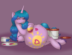 Size: 1949x1471 | Tagged: safe, artist:bumpywish, imported from derpibooru, izzy moonbow, pony, unicorn, belly, belly painting, big belly, blushing, bracelet, eyes closed, female, friendship bracelet, g5, izzy mombow, jewelry, kicking, mare, paint, pregnant, smiling, solo
