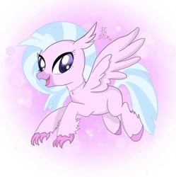 Size: 699x701 | Tagged: safe, artist:pledikart, imported from derpibooru, silverstream, classical hippogriff, hippogriff, abstract background, female, jewelry, looking at you, necklace, open mouth, open smile, smiling, solo, spread wings, wings