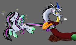 Size: 1260x745 | Tagged: safe, artist:ydalirwendigo, imported from derpibooru, discord, oc, oc:quill pen, draconequus, pegasus, pony, female, gray background, male, pegasus oc, simple background