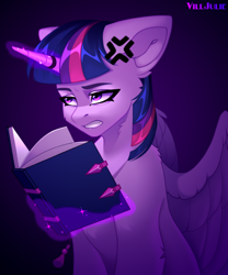 Size: 2000x2400 | Tagged: safe, artist:villjulie, imported from derpibooru, twilight sparkle, alicorn, pony, book, cross-popping veins, emanata, female, glowing, glowing horn, horn, magic, mare, signature, solo, telekinesis, twilight sparkle (alicorn), unamused